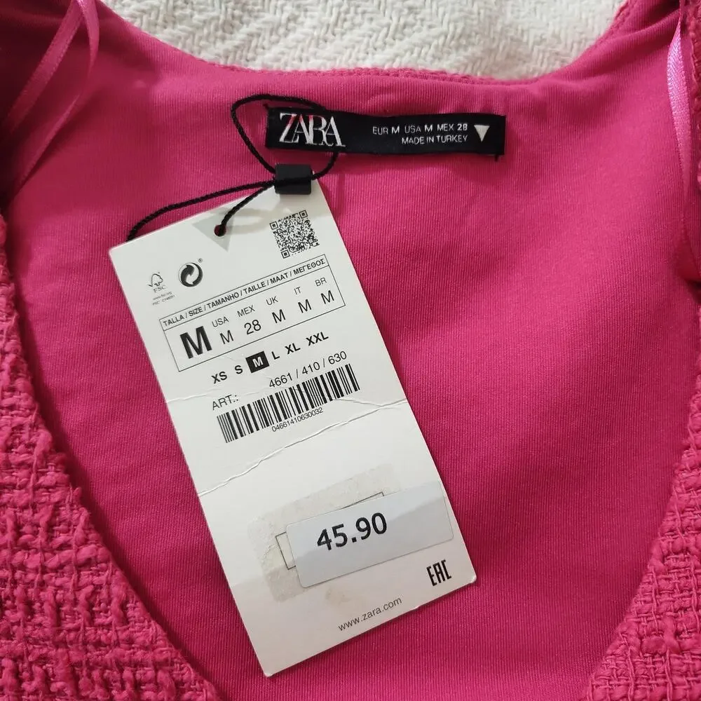Zara Blouse Womens Medium Pink Cropped V Neck Rhinestone Button Long Sleeve NWT